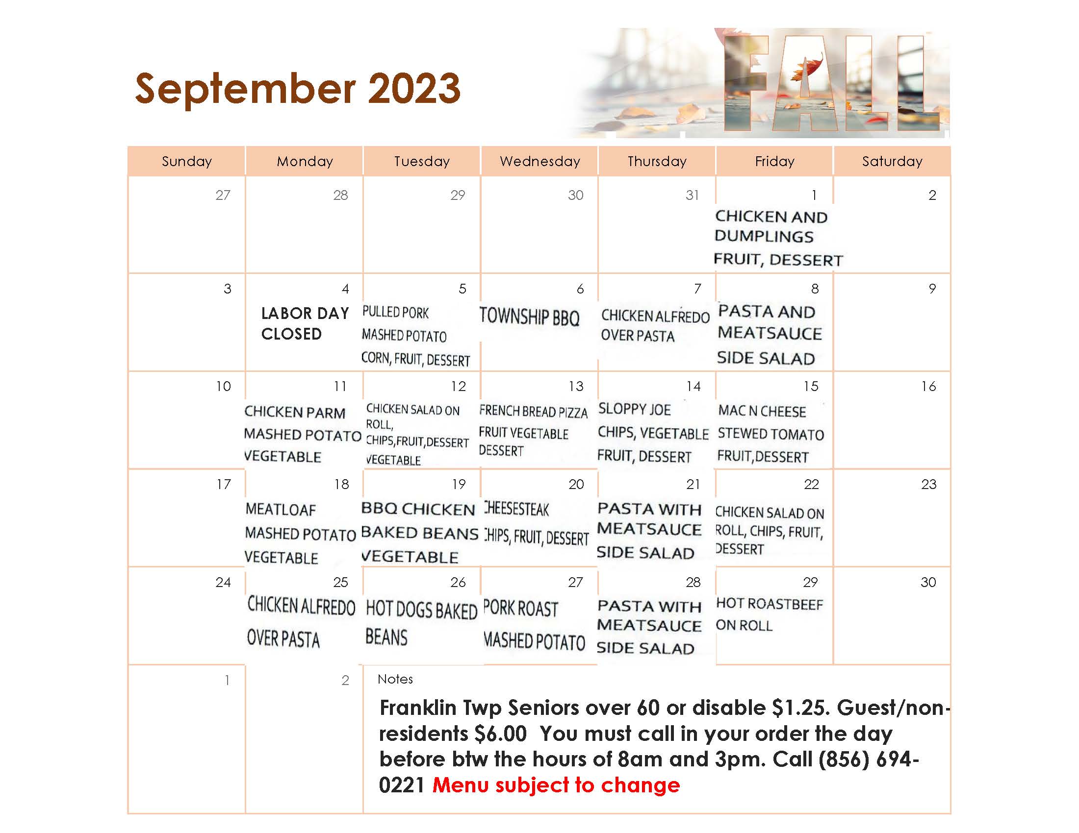 September 2023 Senior Lunch Menu