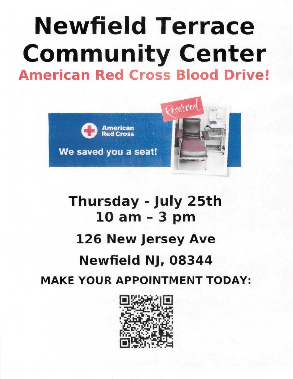 Newfield Terrace 2024 Blood Drive Flier